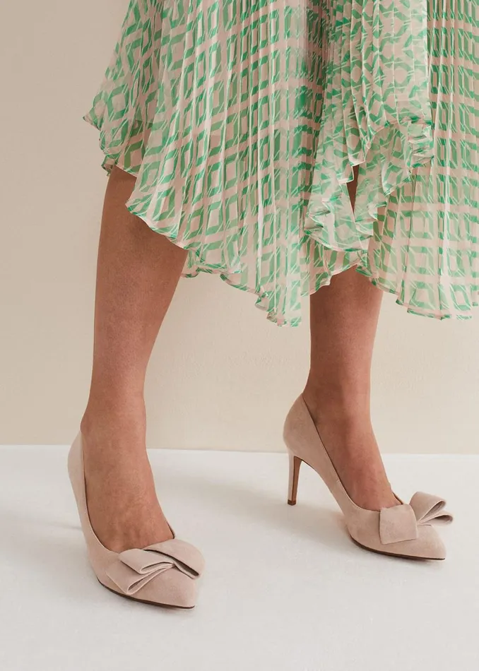 Women Phase Eight Heels Suede Bow Front Court Shoe Cameo