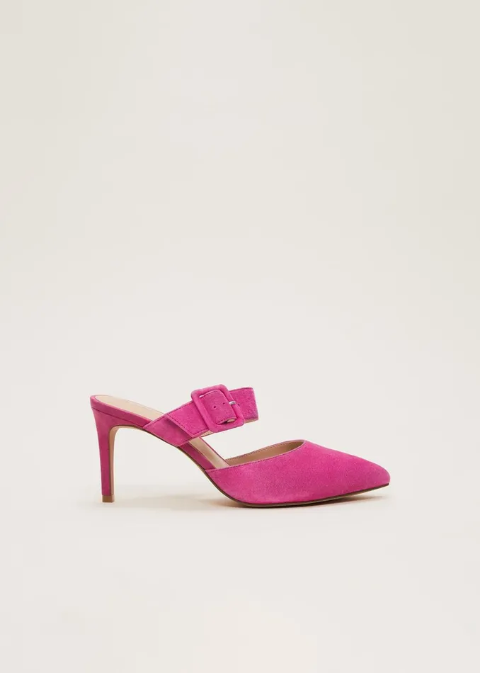 Women Phase Eight Heels Suede Buckle Backless Heel Neon Pink