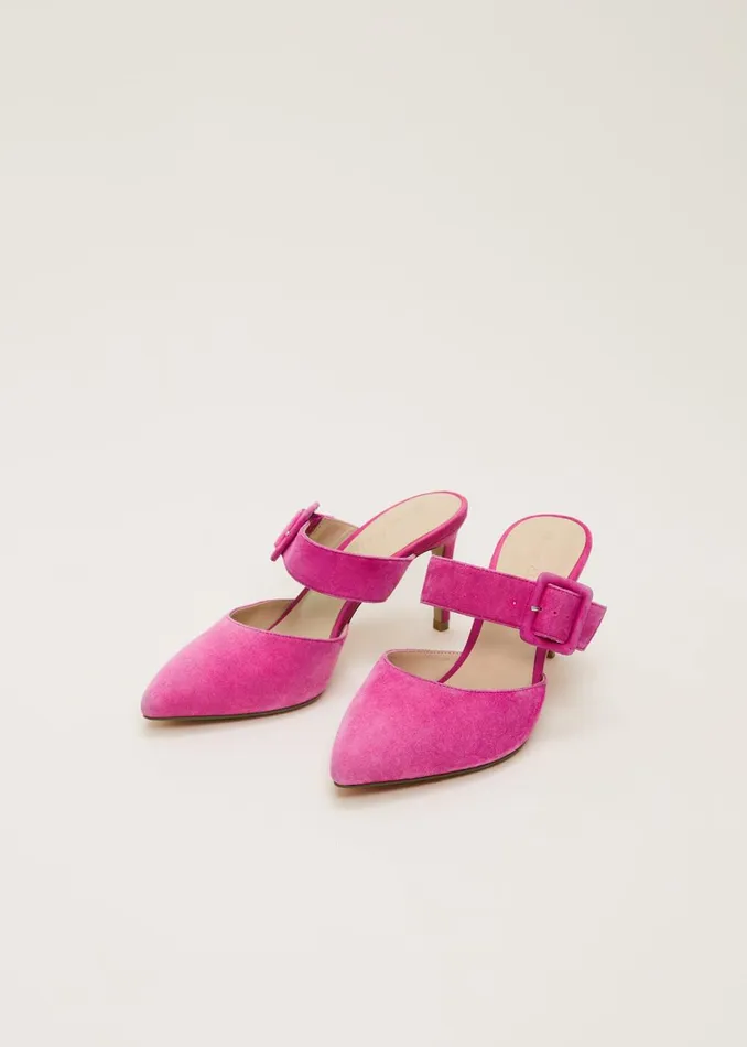 Women Phase Eight Heels Suede Buckle Backless Heel Neon Pink