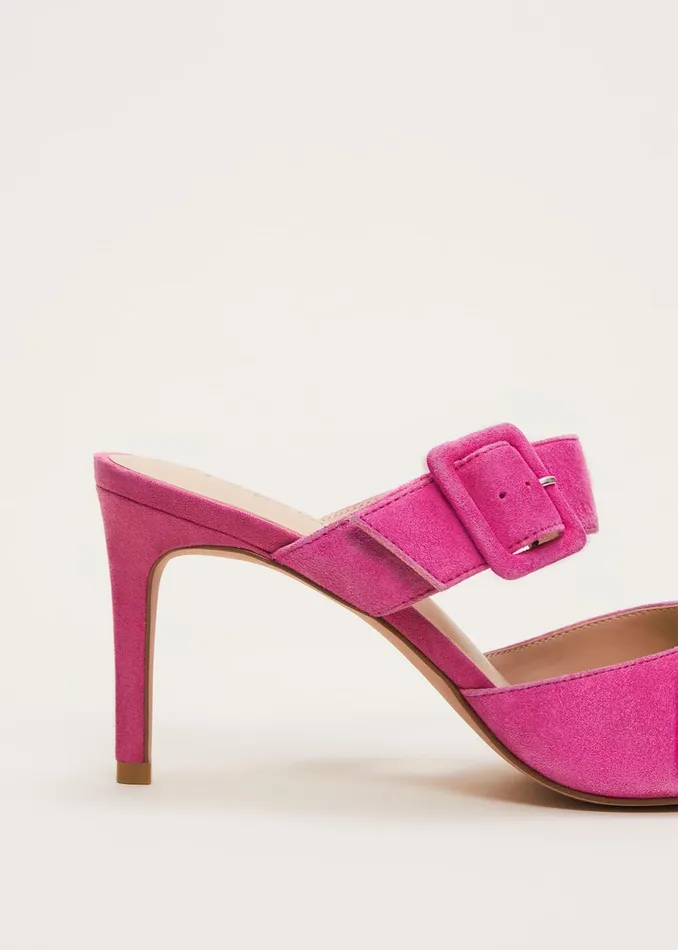 Women Phase Eight Heels Suede Buckle Backless Heel Neon Pink