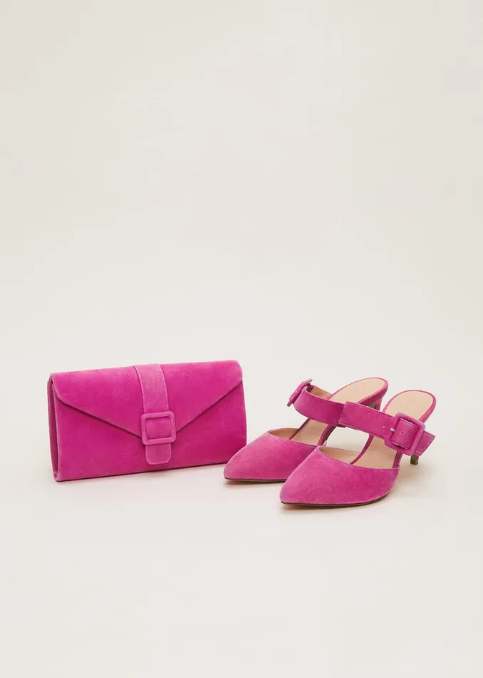 Women Phase Eight Heels Suede Buckle Backless Heel Neon Pink