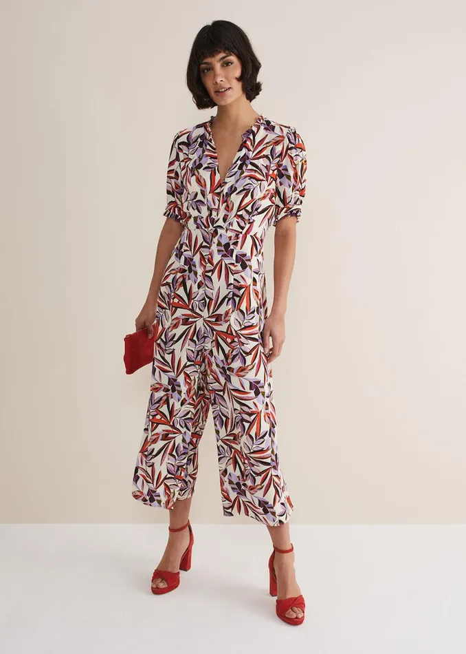 Women Phase Eight Jumpsuits Astrid Leaf Print Cropped Wide Leg Jumpsuit Ivorymulti