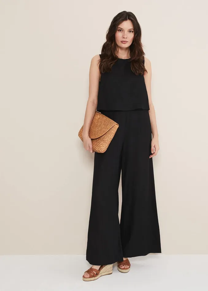 Women Phase Eight Jumpsuits Aubrey Black Linen Wide Leg Jumpsuit Black