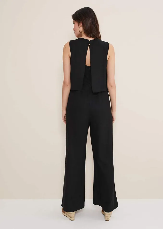 Women Phase Eight Jumpsuits Aubrey Black Linen Wide Leg Jumpsuit Black