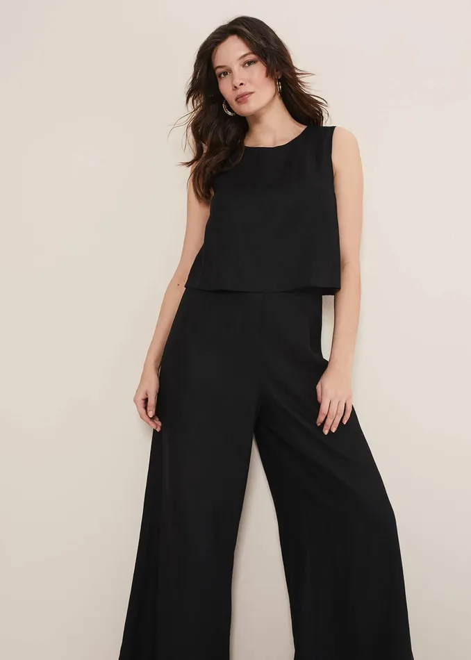Women Phase Eight Jumpsuits Aubrey Black Linen Wide Leg Jumpsuit Black