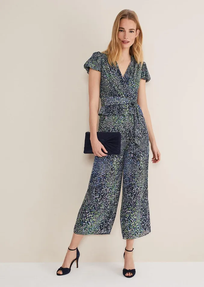 Women Phase Eight Jumpsuits Leora Wrap Printed Plisse Jumpsuit Navymulti