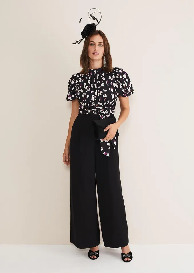 Women Phase Eight Jumpsuits Paulina Puff Sleeve Animal Jumpsuit Blackmulti