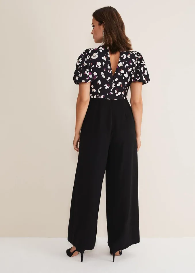Women Phase Eight Jumpsuits Paulina Puff Sleeve Animal Jumpsuit Blackmulti