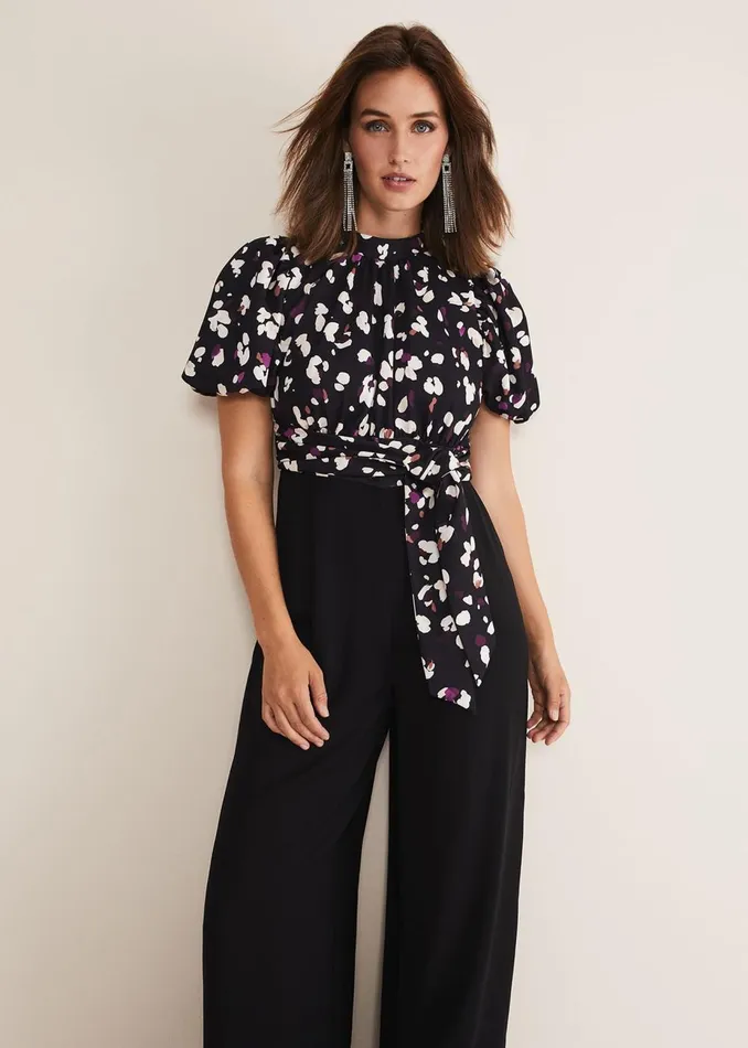 Women Phase Eight Jumpsuits Paulina Puff Sleeve Animal Jumpsuit Blackmulti