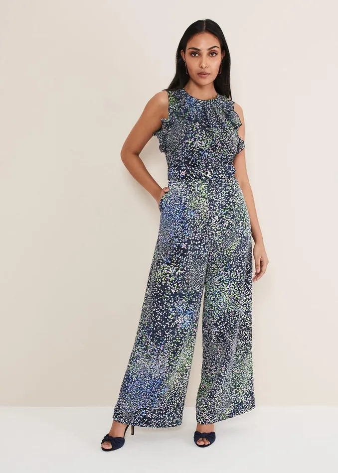 Women Phase Eight Jumpsuits Petite Maggie Ruffle Printed Jumpsuit Navy Multi