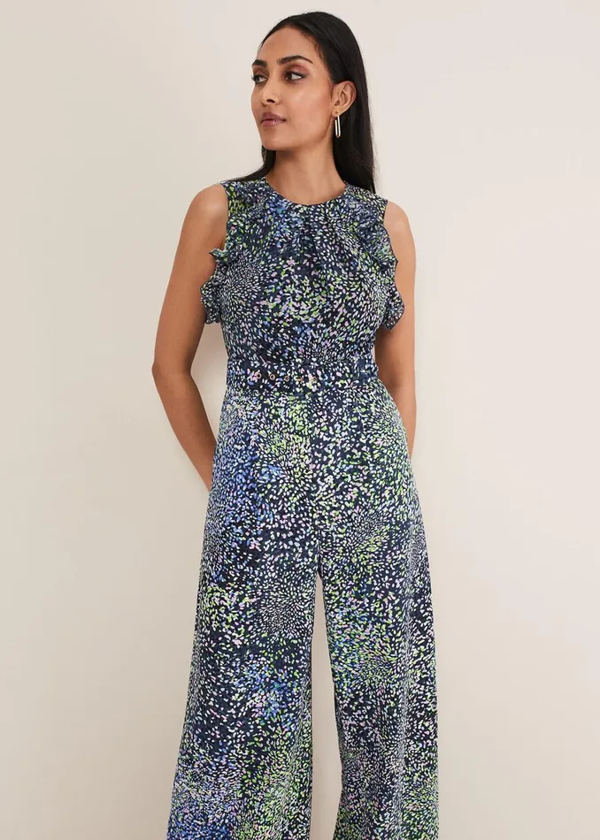 Women Phase Eight Jumpsuits Petite Maggie Ruffle Printed Jumpsuit Navy Multi