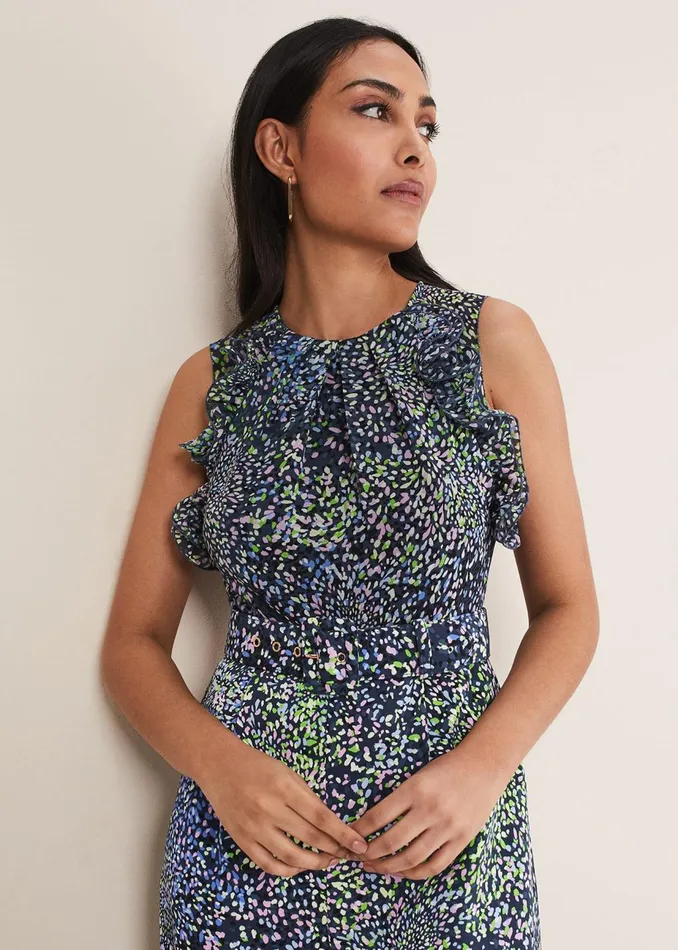 Women Phase Eight Jumpsuits Petite Maggie Ruffle Printed Jumpsuit Navy Multi