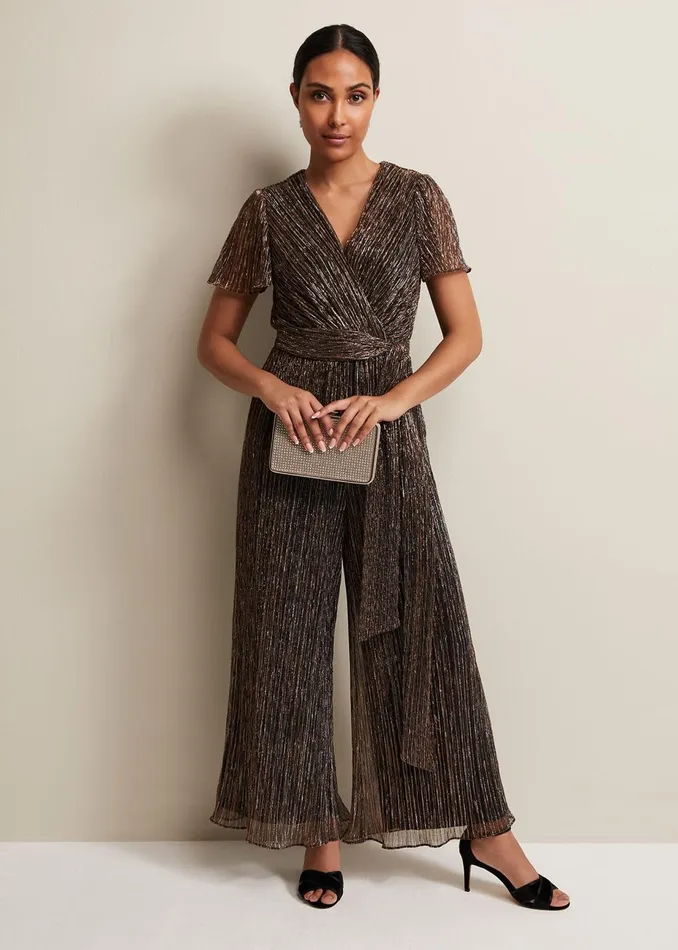 Women Phase Eight Jumpsuits Petite Stella Bronze Plisse Jumpsuit Metallic