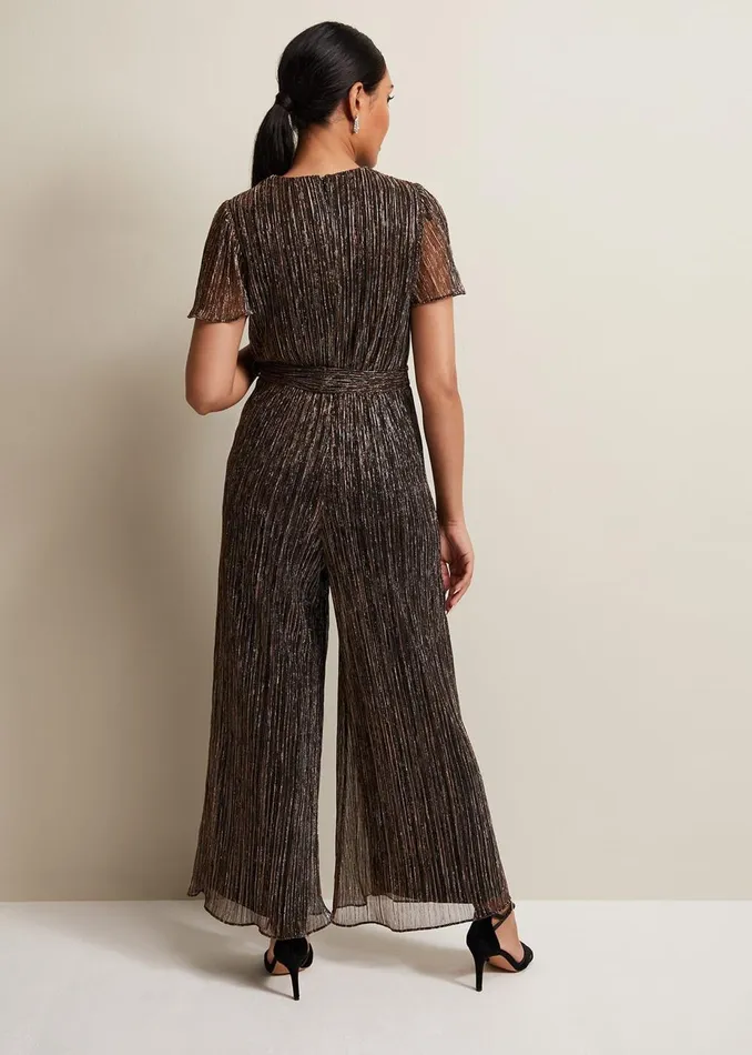 Women Phase Eight Jumpsuits Petite Stella Bronze Plisse Jumpsuit Metallic
