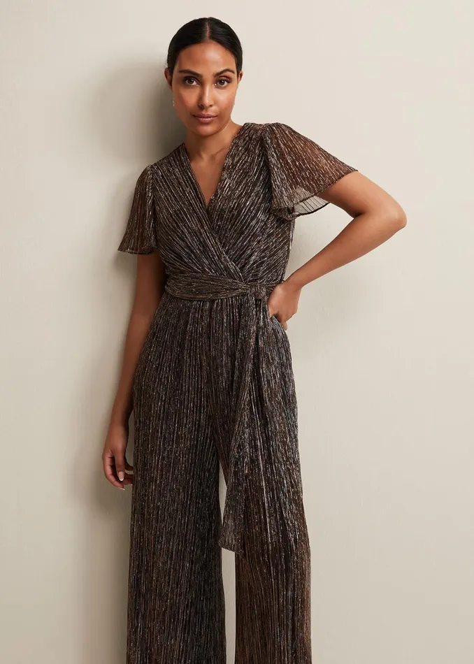 Women Phase Eight Jumpsuits Petite Stella Bronze Plisse Jumpsuit Metallic