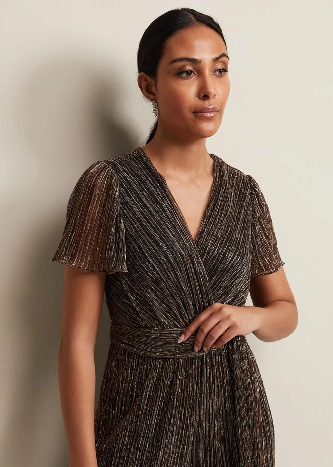 Women Phase Eight Jumpsuits Petite Stella Bronze Plisse Jumpsuit Metallic
