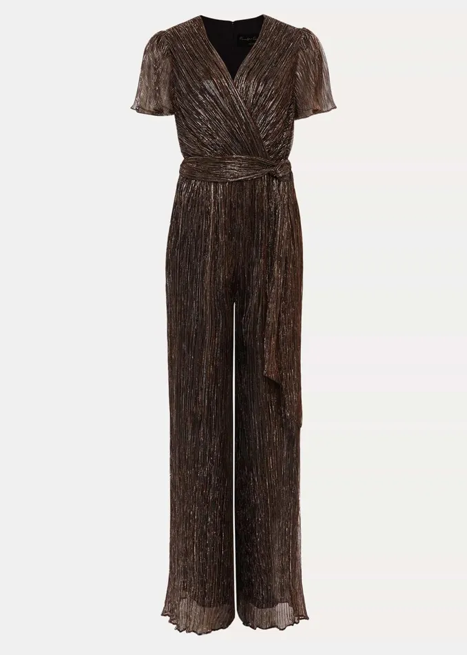 Women Phase Eight Jumpsuits Petite Stella Bronze Plisse Jumpsuit Metallic