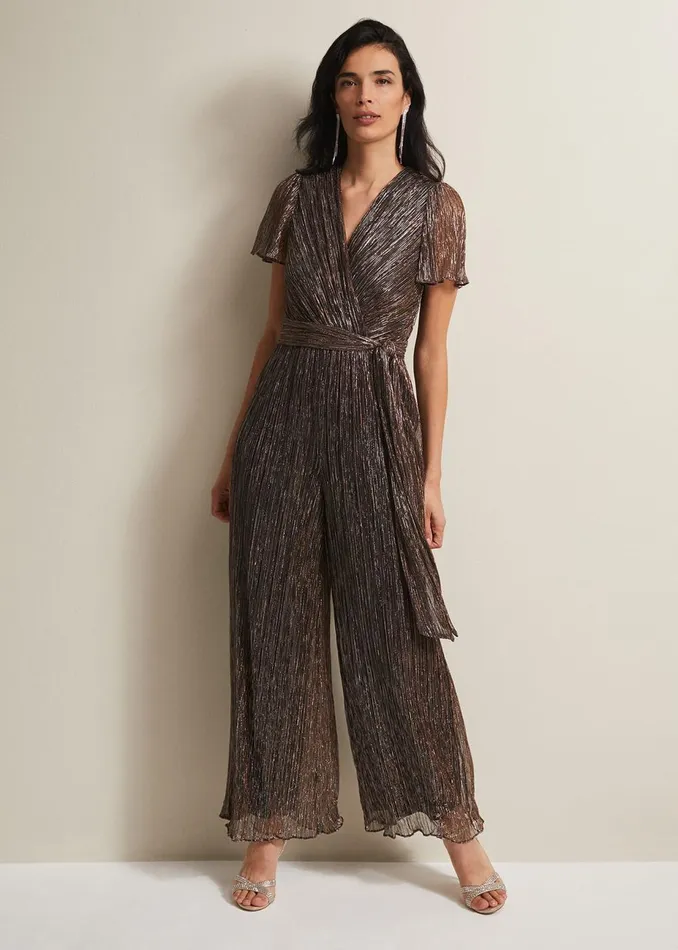 Women Phase Eight Jumpsuits Stella Bronze Plisse Wide Leg Jumpsuit Metallic