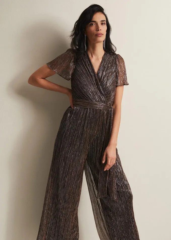 Women Phase Eight Jumpsuits Stella Bronze Plisse Wide Leg Jumpsuit Metallic