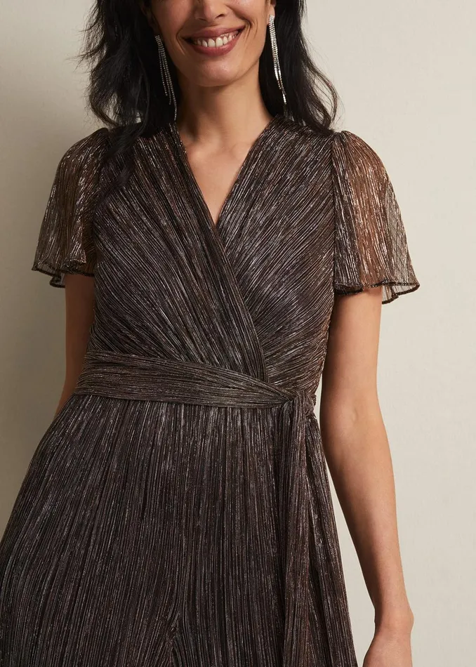 Women Phase Eight Jumpsuits Stella Bronze Plisse Wide Leg Jumpsuit Metallic
