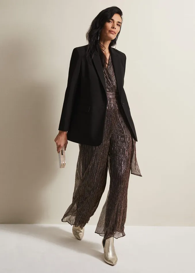 Women Phase Eight Jumpsuits Stella Bronze Plisse Wide Leg Jumpsuit Metallic