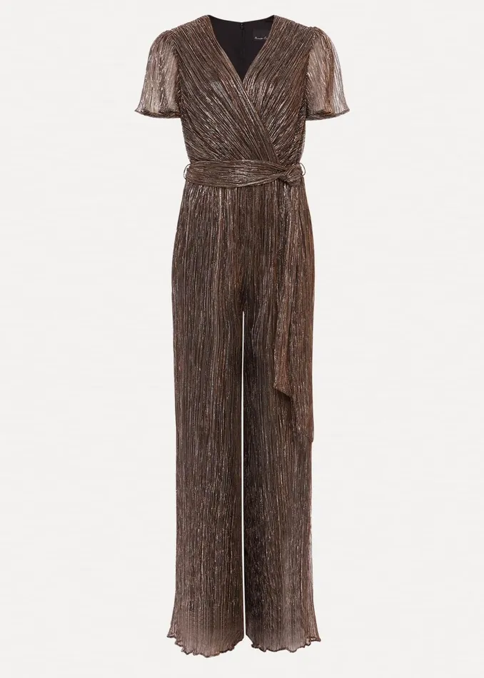 Women Phase Eight Jumpsuits Stella Bronze Plisse Wide Leg Jumpsuit Metallic