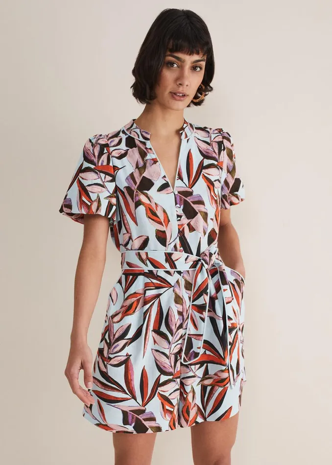Women Phase Eight Jumpsuits Vivian Linen Leaf Print Playsuit Aquamulti