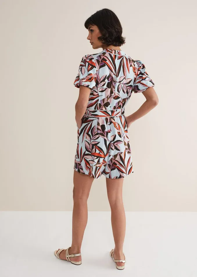 Women Phase Eight Jumpsuits Vivian Linen Leaf Print Playsuit Aquamulti