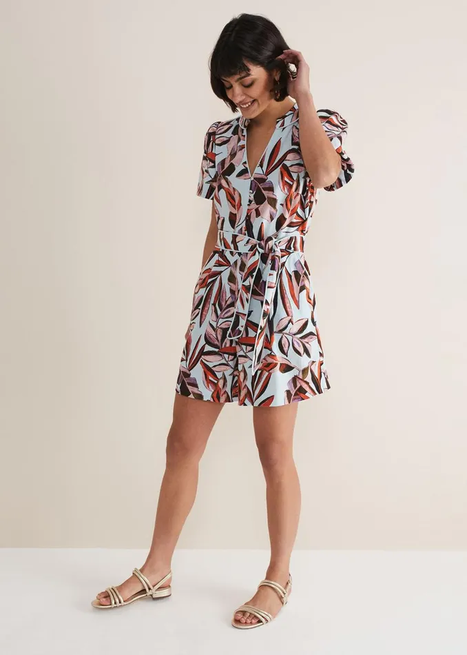 Women Phase Eight Jumpsuits Vivian Linen Leaf Print Playsuit Aquamulti