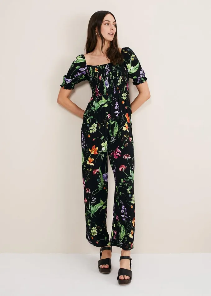 Women Phase Eight Jumpsuits Zaylah Floral Shirred Waist Jumpsuit Black