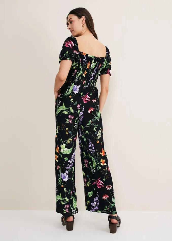 Women Phase Eight Jumpsuits Zaylah Floral Shirred Waist Jumpsuit Black