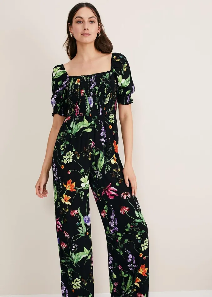 Women Phase Eight Jumpsuits Zaylah Floral Shirred Waist Jumpsuit Black