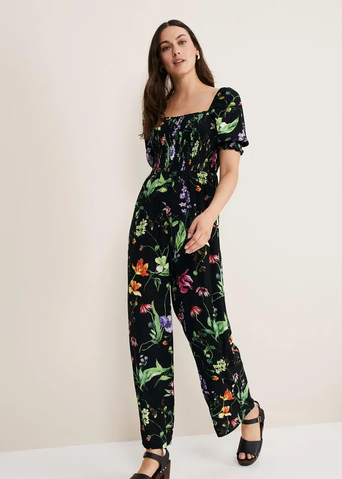 Women Phase Eight Jumpsuits Zaylah Floral Shirred Waist Jumpsuit Black