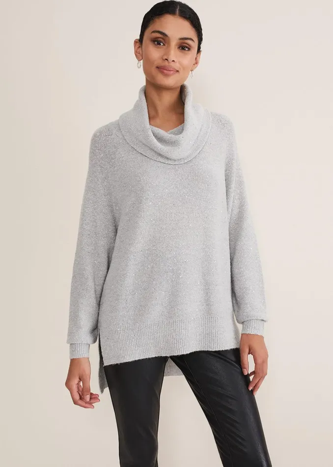 Women Phase Eight Knitwear Bronte Cowl Neck Sequin Jumper Silver