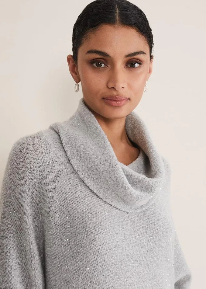 Women Phase Eight Knitwear Bronte Cowl Neck Sequin Jumper Silver