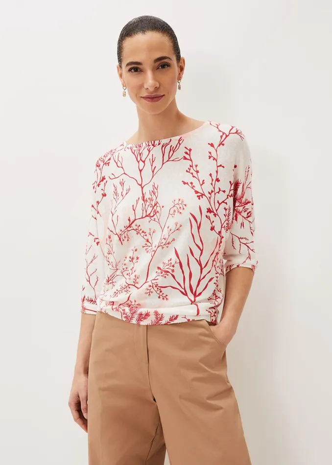 Women Phase Eight Knitwear Eleanor Coral Print Linen Jumper Coralivory