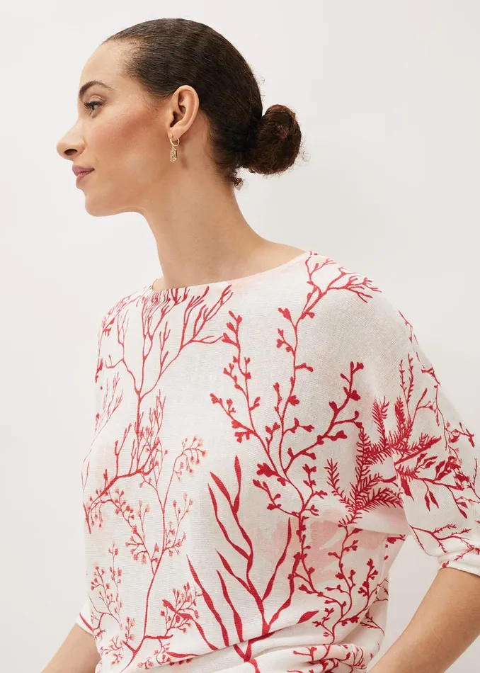 Women Phase Eight Knitwear Eleanor Coral Print Linen Jumper Coralivory