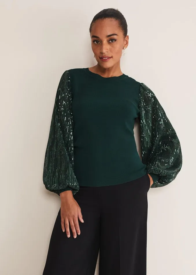 Women Phase Eight Knitwear Everley Sequin Sleeve Top Dark Green