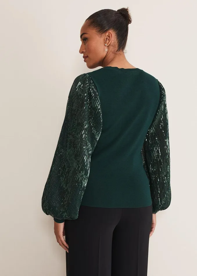 Women Phase Eight Knitwear Everley Sequin Sleeve Top Dark Green