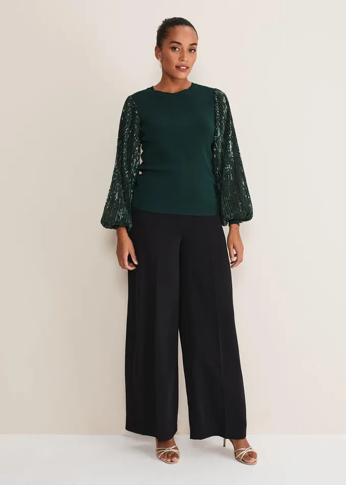 Women Phase Eight Knitwear Everley Sequin Sleeve Top Dark Green