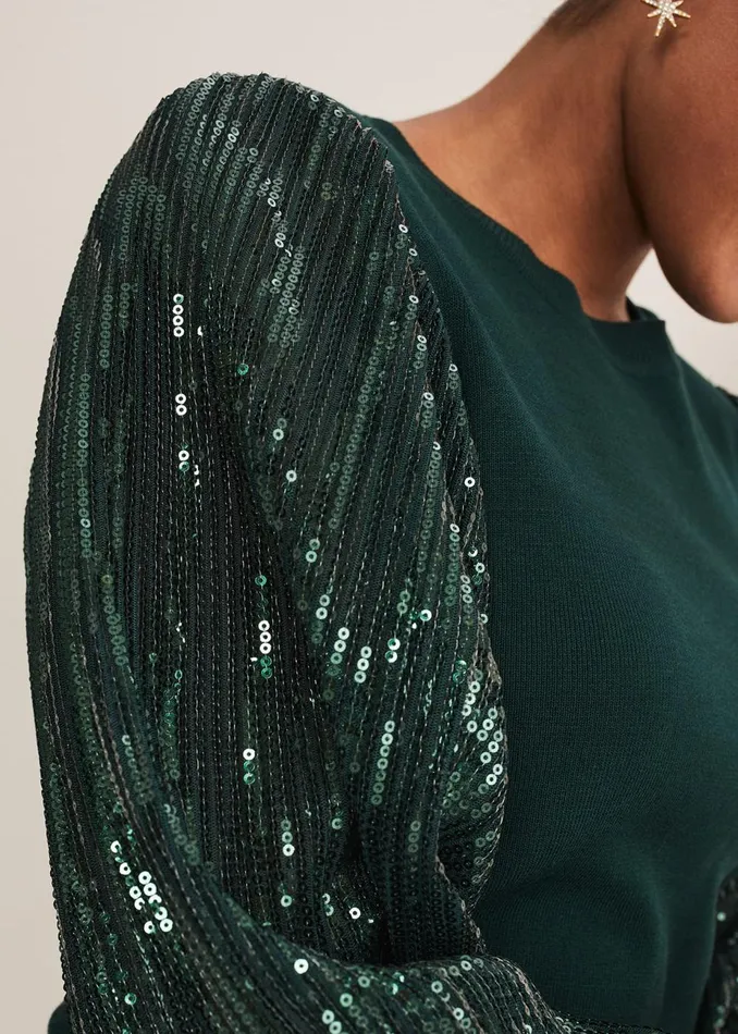 Women Phase Eight Knitwear Everley Sequin Sleeve Top Dark Green