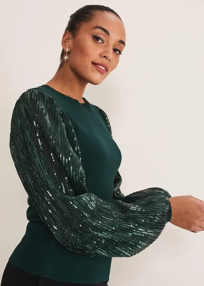 Women Phase Eight Knitwear Everley Sequin Sleeve Top Dark Green