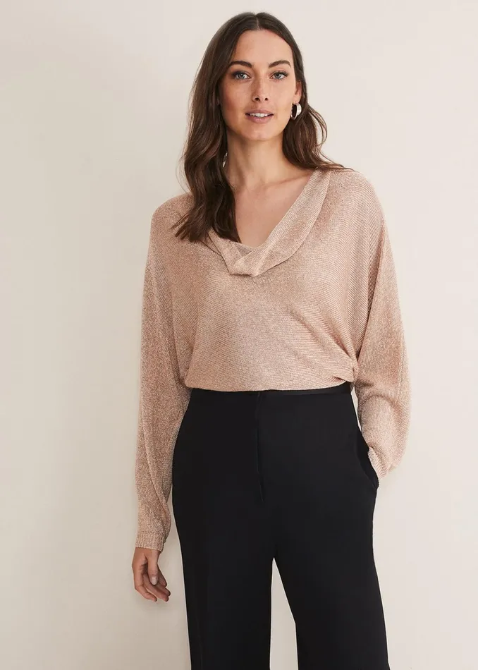 Women Phase Eight Knitwear Malti Metallic Cowl Neck Knit Rose Gold