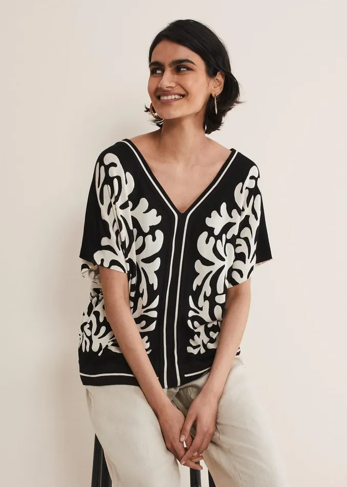 Women Phase Eight Knitwear Natalie V Neck Printed Top Blackivory