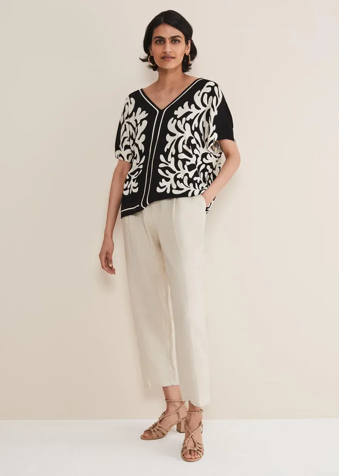 Women Phase Eight Knitwear Natalie V Neck Printed Top Blackivory
