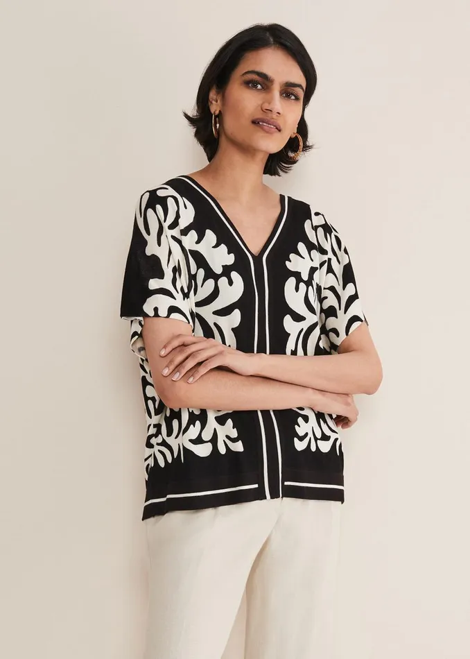 Women Phase Eight Knitwear Natalie V Neck Printed Top Blackivory