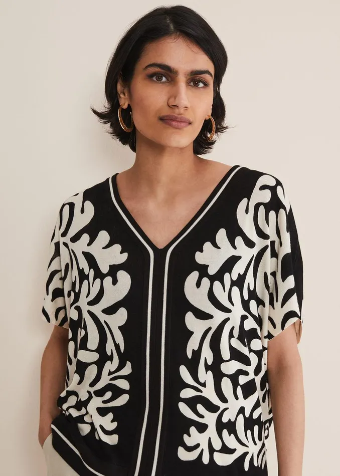 Women Phase Eight Knitwear Natalie V Neck Printed Top Blackivory