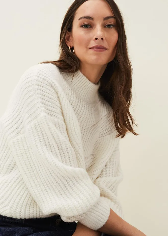 Women Phase Eight Knitwear Ruby Fluffy Decorative Open Stitch Jumper White