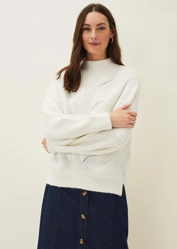 Women Phase Eight Knitwear Ruby Fluffy Decorative Open Stitch Jumper White