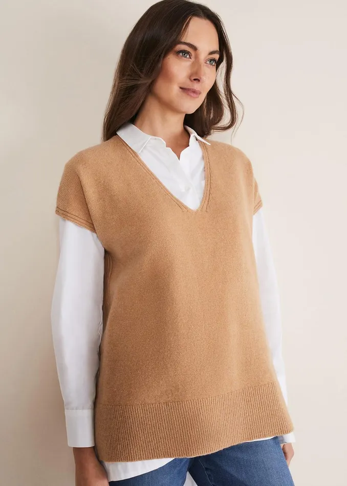 Women Phase Eight Knitwear Safin V Neck Wool Blend Knitted Tabbard Camel